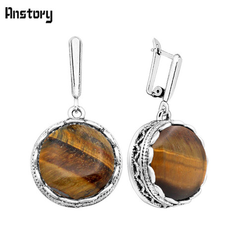 Round Natural Tigers Eye Earrings Antique Silver Plated Vintage Look Earrings Fashion Jewelry TE178 ► Photo 1/6