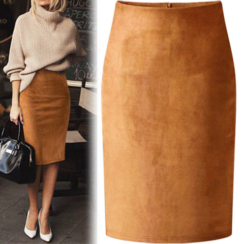 Sexy Multi Color Suede Midi Pencil Skirt Women 2022 Fashion Elastic High Waist Office Lady Bodycon Skirts Saias ► Photo 1/6