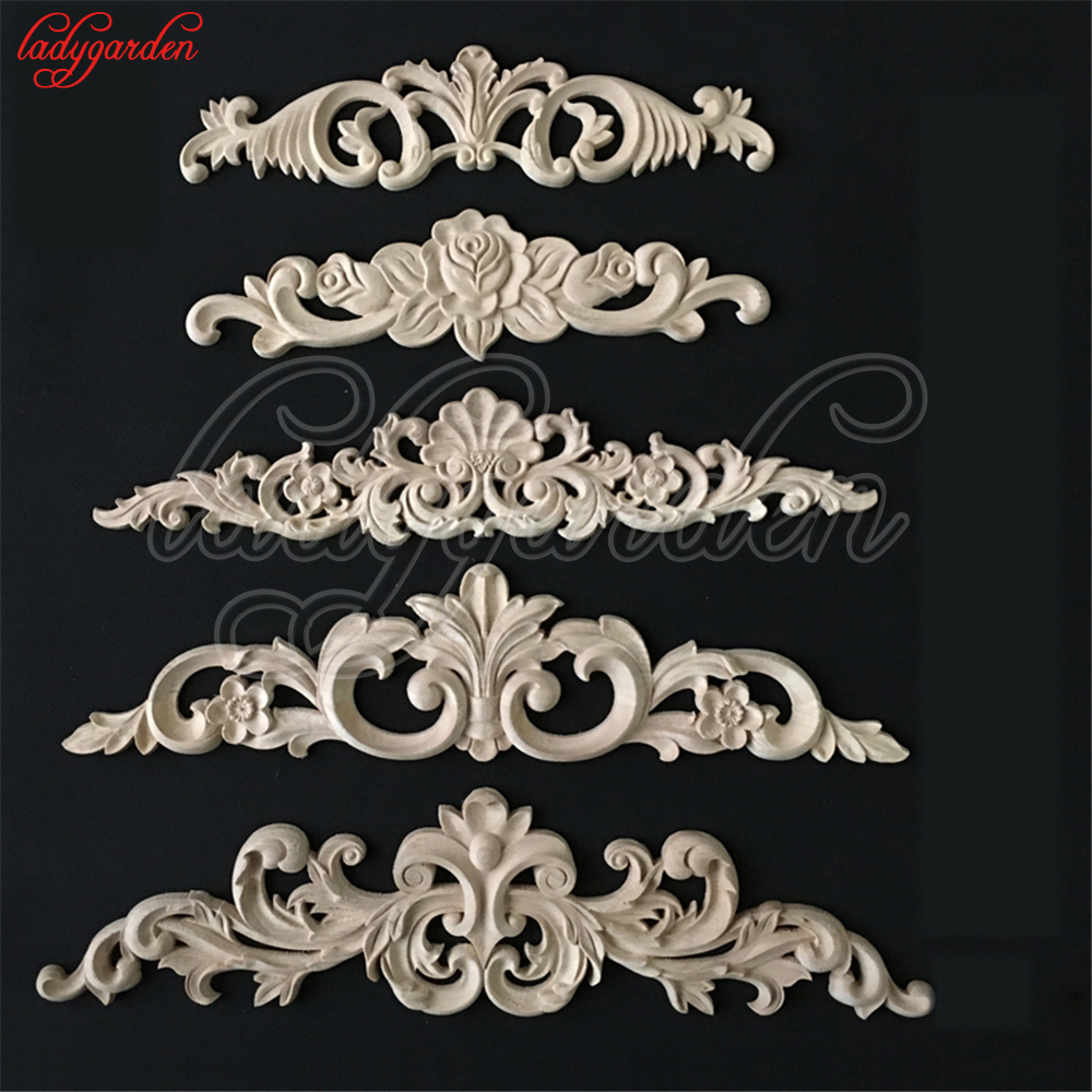 Unpainted Wood Carved Floral Decal Door Cabinet Onlay Applique Frame Decoration 
