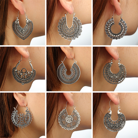 HuaTang Vintage Ethnic Earring Geometric Antique Silver Color Gold Hollow Flower Drop Earring Piercing Earring Statement Jewelry ► Photo 1/6