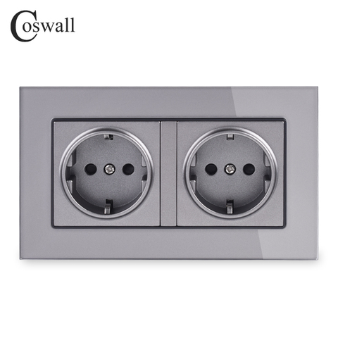Coswall 16A Double EU Standard Wall Socket Crystal Glass Panel Power Outlet Grounded With Child Protective Door Grey Gray ► Photo 1/5