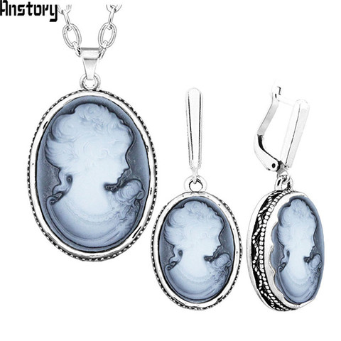 Lady Queen Cameo Jewelry Sets Vintage Necklace Earrings Jewelry Sets For Women Flower Pendant Fashion Party Sets ► Photo 1/6