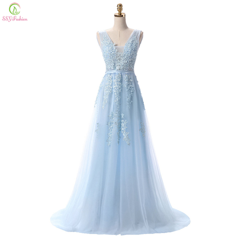 SSYFashion Hot Sell Sweet Light Blue Lace V-neck Lacing Long Evening Dress The Bride Party Sexy Backless Prom Dresses Custom ► Photo 1/6