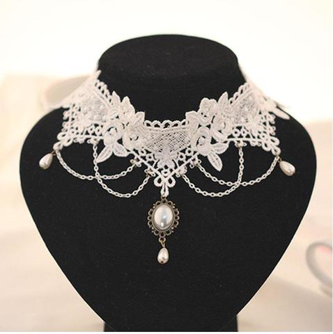 Imitation Pearl White Black Lace Choker Necklaces Bridal Jewelry Women Wedding tattoo Tassel Punk Style Lace Pendant ► Photo 1/2