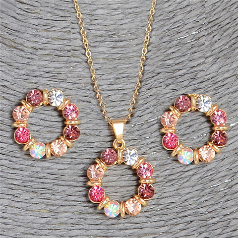 Hesiod 2 pcs/Set Gold Color Sweet Pink Round Circle Shape Pink Color Austrian Crystal Necklace Earring Jewelry Sets For Women ► Photo 1/6