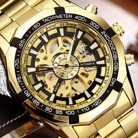 Skeleton Automatic Mechanical Watch Winner Gold Men Watches Stainless Steel Bracelet Sports Luxury Male Clock Chinese Wristwatch ► Photo 1/6