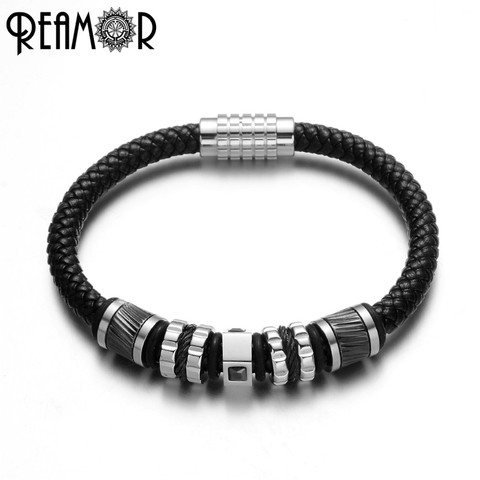 REAMOR Luxury Men Cuff Bracelet Jewelry Stainless Steel Black CZ Beads Bracelet Genuine Leather Bracelet Magnetic Clasp Bangles ► Photo 1/6