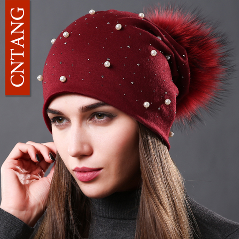 CNTANG 2022 Women's Fashion Hat Autumn Winter Rhinestones Pearl Hats Female Beanies Natural Raccoon Fur Pompom Cotton Warm Caps ► Photo 1/6
