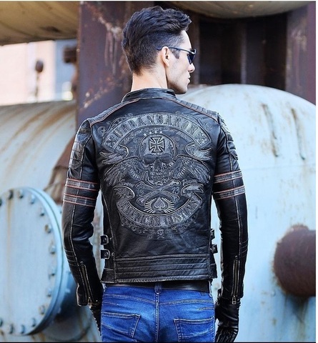 Free shipping.Brand mens skull coat genuine leather Jackets,men's vintage motor biker leather jacket.plus size homme Fitness ► Photo 1/6