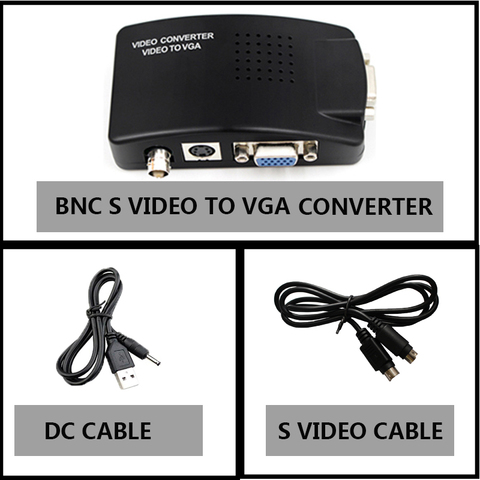 BNC to VGA Video Converter, S-video Input to PC VGA Out Adapter with dc cable or s video cable or power adapter ► Photo 1/6