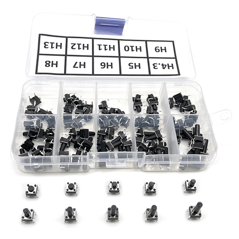 100pcs / 10 models 6*6 Light micro touch Switch sets Push Button Switch Kit , Height: 4.3MM - 13MM DIP 4Pin 6x6 Keys Tact ON/OFF ► Photo 1/4