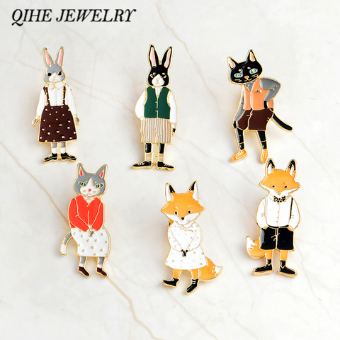 QIHE JEWELRY Pins and brooches Rabbit/Fox/Cat couple enamel pin Badges Hat Backpack Accessories Lovers jewelry Gift for lover ► Photo 1/6