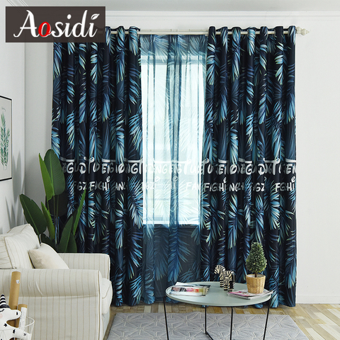 Modern Blue Leaves Printed Blackout Curtains For Living Room Window Tulle And Curtains For Bedroom Child Drapes 85% Shading Tend ► Photo 1/6