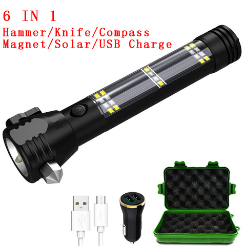 zk20 Dropshipping 5000 Lumens Solar Tactical Flashlight USB Rechargeable Multi-function Torch Car Emergency Tool Compass Hammer ► Photo 1/6