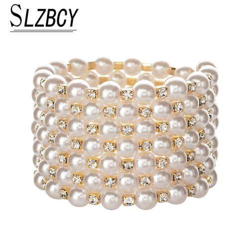 SLZBCY Adjustable Women Wide Multilayer Beads Chain Bracelets Crystal Bangles Luxury Elastic Pearl Wristband Jewelry ► Photo 1/6