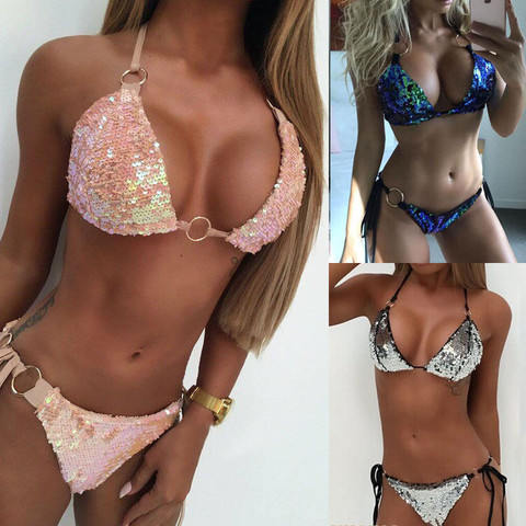 Women Sequins Push-up Padded Bra Monokini Two-pieces Halter Lace-up Bandage Bikini Set Ring Swimsuit Triangle Swimwear Bathing ► Photo 1/1
