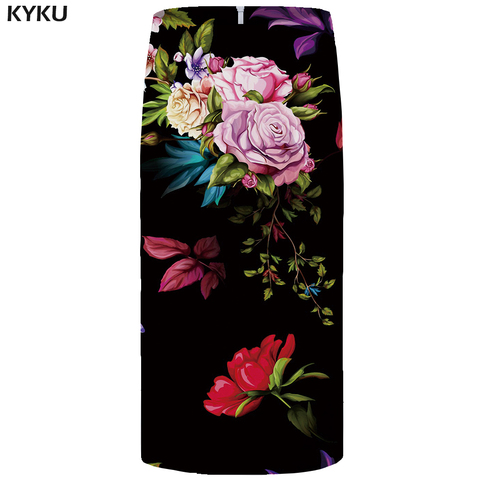 KYKU Flower Skirts Women Black Colorful Party Skirts Casual Retro Leaf Floral 3d Print Skirt Pencil Funny Ladies Skirts Womens ► Photo 1/6