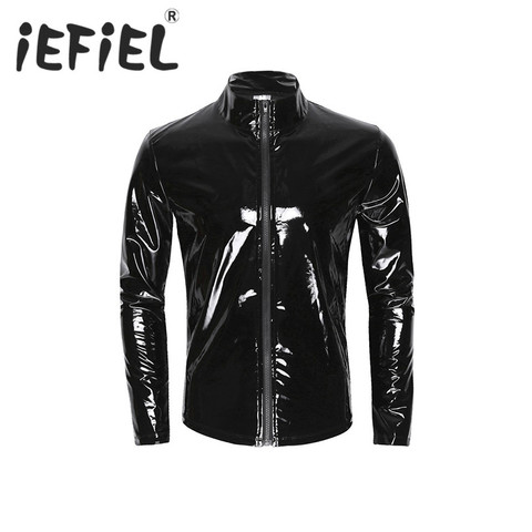 iEFiEL Long Sleeve Patent Leather Men Shiny Metallic Front-Zip Stand Collar Tops Wet Look Nightclub Style Shirt Party Costumes ► Photo 1/6