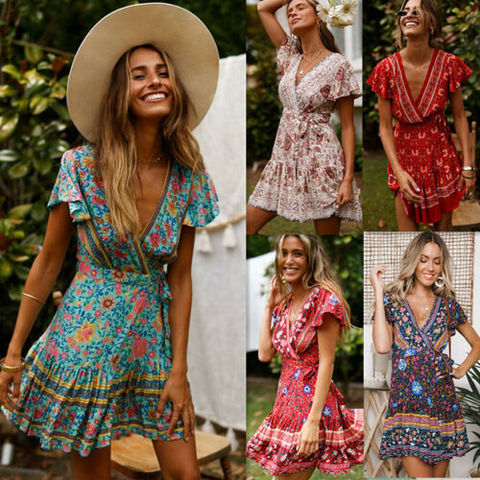 Drop shipping Women Vintage Short Sleeve Print Dress V neck Short Sleeve Boho Floral Mini Dresses Female Summer Holiday Sundress ► Photo 1/6