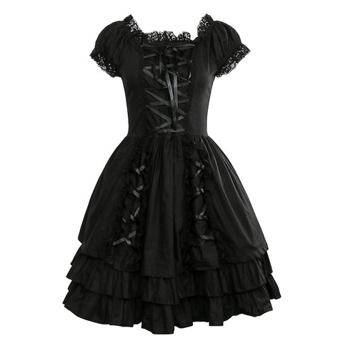 Takerlama Womens Classic Black Layered Lace-Up Cotton Short Sleeve Gothic Lolita Dress Punk Clothing Costumes Dress ► Photo 1/6