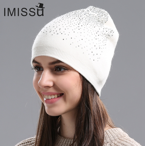 IMISSU Keep warm Women's Winter Hats Knitted Wool Casual Mask Cap with Crystal Solid Color Ski Gorros Outdoor Hat for Girls ► Photo 1/5