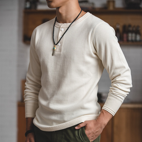 MADEN men regularly fit long-sleeved pullover waffle cotton Henry t-shirt cream white sweater men ► Photo 1/6
