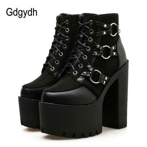 Gdgydh 2022 Spring Fashion Motorcycle Boots Women Platform Heels Casual Shoes Lacing Round Toe Shoes Ladies Autumn Boots Black ► Photo 1/6