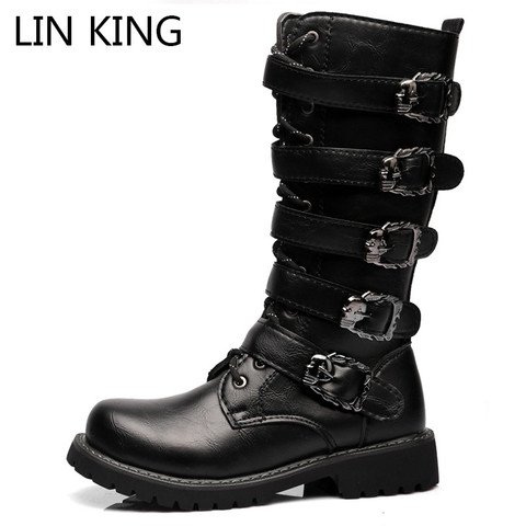 LIN KING Plus Size Spring Autumn Men Long Boots Vintage Black Lace Up Male Motorcycle Boots Punk Round Toe Cowboy Western Boots ► Photo 1/6
