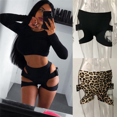 Hirigin Sexy Girls High Waist Cut Biker Shorts Woman Elastic Slim Sporty Buckle Shorts Hollow Out Black Leopard Print Shorts New ► Photo 1/6