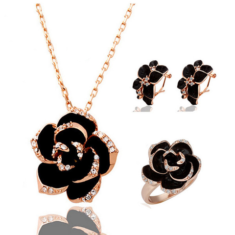 brand Camellia design pendant fashion women  gold-color black painting rose flower necklace earrings ring Jewelry Sets ► Photo 1/6
