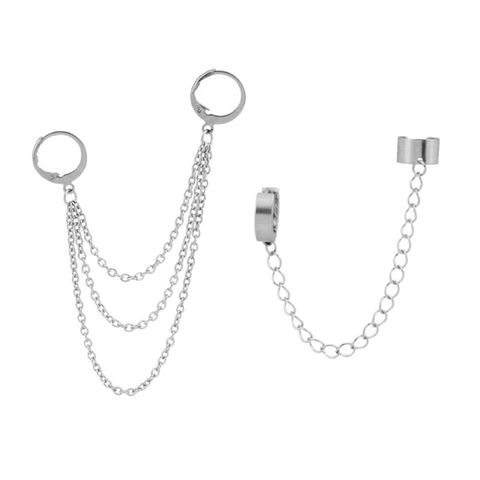 Korean Fashion Hip Hop Chain Earrings Titanium Steel Chain Threader Drop Cuff Double Chain Piercing Earrings Unisex Jewelry ► Photo 1/6