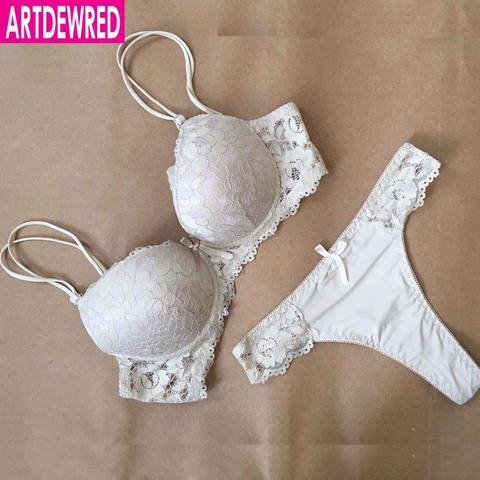 ARTDEWRED New Sexy Lace Embroidery Flowers Plus Size Double Shoulder Strap Bra Set Deep V-neck Women's Push up Underwear Sets ► Photo 1/6
