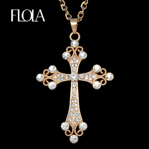 FLOLA Hip Hop Catholic Big Cross Pendant Necklace Gold Chain Rhinestone Long Necklace Pendants for Women Jewelry gifts nkeh77 ► Photo 1/6