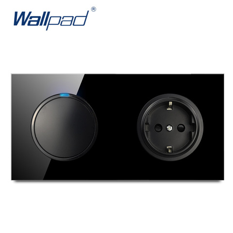 Wallpad L6 Black Tempered Glass 1 Gang 1 Way 2 Way Switch With EU Wall Socket Electrical German Power Outlet 16A Round Design ► Photo 1/4