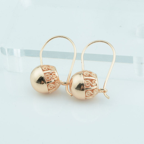 1 Pair Women Girls Gold 585 Color Drop Earrings Round Ball Bead Carve Jewelry Small Middle Large ► Photo 1/4