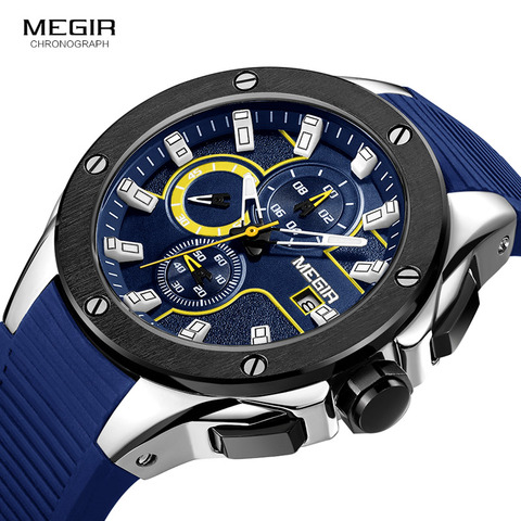 MEGIR Men's Sports Chronograph Quartz Watches Silicone Strap Luminous Waterproof Army Military Wristwatch Man Relogios 2053 Blue ► Photo 1/6