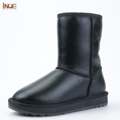 INOE Classic Sheepskin Leather Wool Fur Lined Women Mid-calf Winter Boots for Woman Basic Snow Boots Shoes Waterproof Black Grey ► Photo 1/6