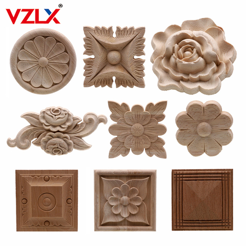 VZLX Flower Wood Carving Natural Wood Appliques for Furniture Cabinet Unpainted Wooden Mouldings Decal Decorative Figurines ► Photo 1/6