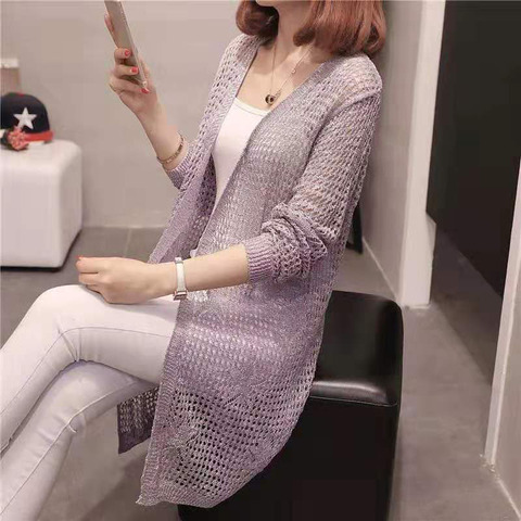 Long Causal Cardigan Sweaters Women Hollow Out Knitted Summer Knitwear Ladies V-Neck Girls Cardigans Long Sleeve Jumper Female ► Photo 1/6