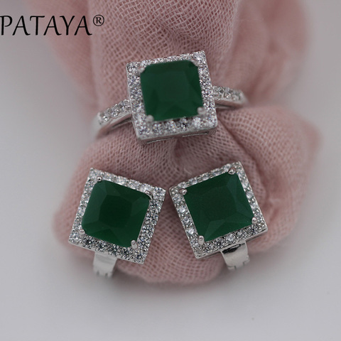 PATAYA New Arrivals 11 Colors Square Green Natural Zircon Earrings Ring Sets Women Luxury True White Gold Wedding Jewelry Set ► Photo 1/6