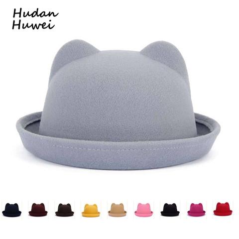 Fashion Parent-child bowler hat wool felt Fedora hats for Women Girls Children solid Cat Ear formal cap trilby Sombrero Derby ► Photo 1/6