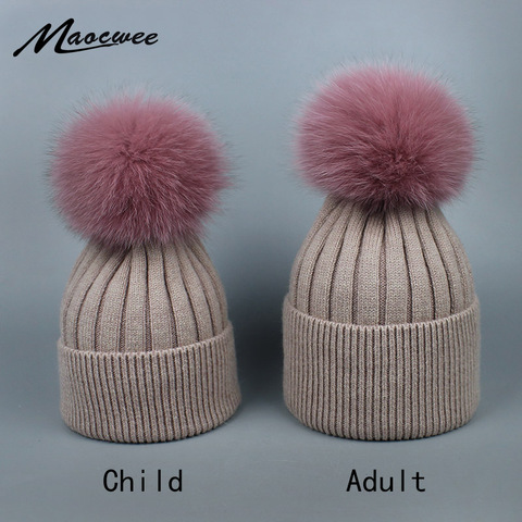 Adults and Children Wool Real Raccoon Fox Fur Pom Poms Winter Woman Hats High Quality Knitted Vogue Warm Casual Skullies Beanies ► Photo 1/6