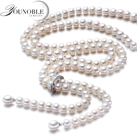 900mm vintage real long pearl necklace women,girls jewelry 925 silver natural bridal freshwater white pearl necklaces mother ► Photo 1/6