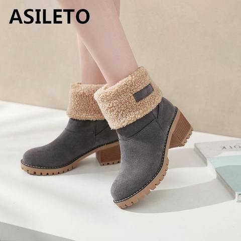 ASILETO Women Boots Female Winter Shoes Woman Fur Warm Snow Boots Square heels bottines Ankle Boots platform botas mujer B675 ► Photo 1/6