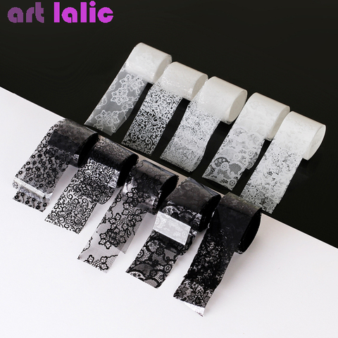 10 Rolls 2.5*60cm New Black White Lace Transfer Foil Nail Art Sexy Full Wraps Flower Glue Adhesive DIY Manicure Styling Tools ► Photo 1/3