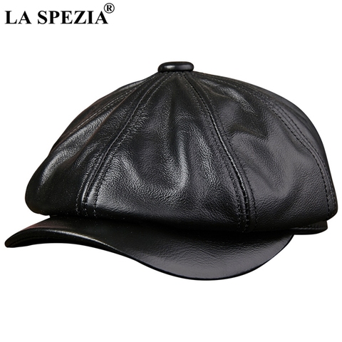 LA SPEZIA Black Newsboy Hats For Men Genuine Cowskin Leather Octagonal Cap Male Autumn Winter Fitted Vintage Duckbill Hats Beret ► Photo 1/6