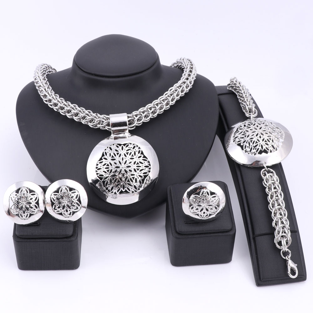 African Silver Plated Luxury Bridal Nigerian Wedding African Beads Necklace Earrings Jewelry Sets for Women 
