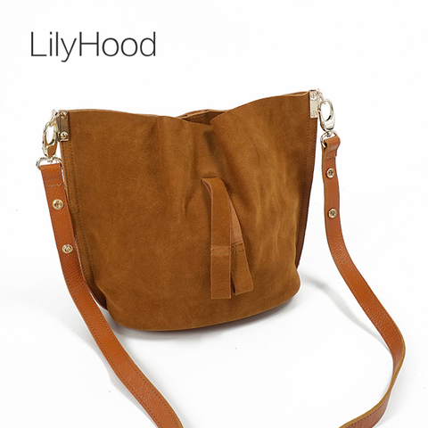LilyHood 2022 Women Real Leather Messenger Bag Casual Vintage Simple Trendy Bucket Brown Nubuck Suede Feminine Over Shoulder Bag ► Photo 1/6