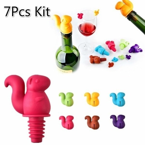 7pcs/set  Cartoon Creative Party Eco-Friendly Corkscrew Squirrel Silicone Bottle Stopper with Wine Glass Markers Cup Set ► Photo 1/6