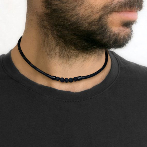 Men's Lava Rock Braided Leather Choker Necklace Men Boho Hippie Jewelry Oil Diffuser Surf Necklaces in Black ► Photo 1/6